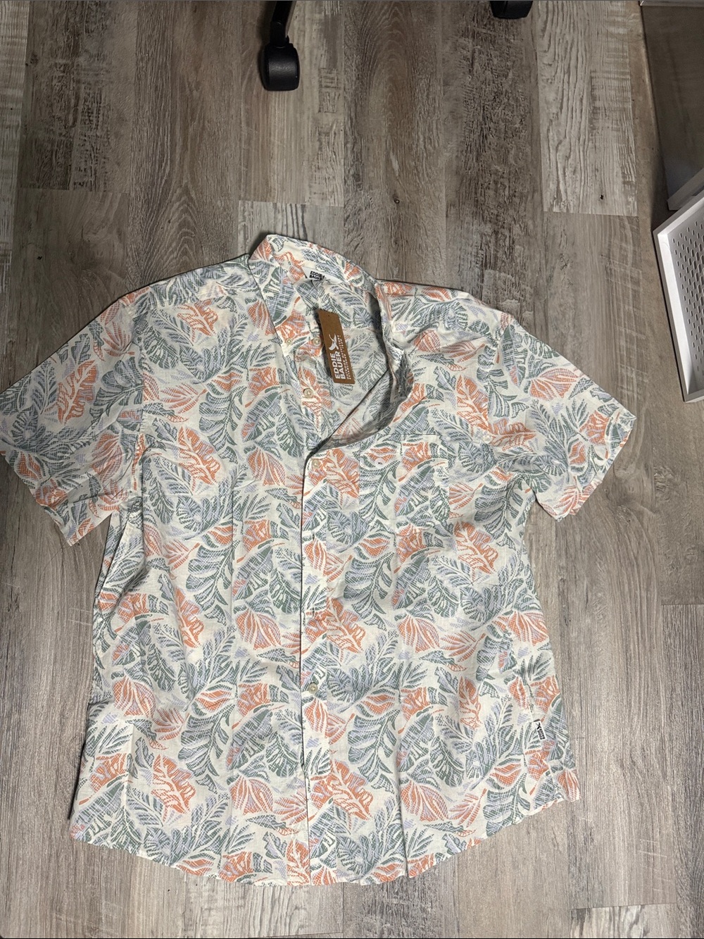 Eddie Bauer Short-Sleeve Leaf Print Shirt in White, Green & Coral